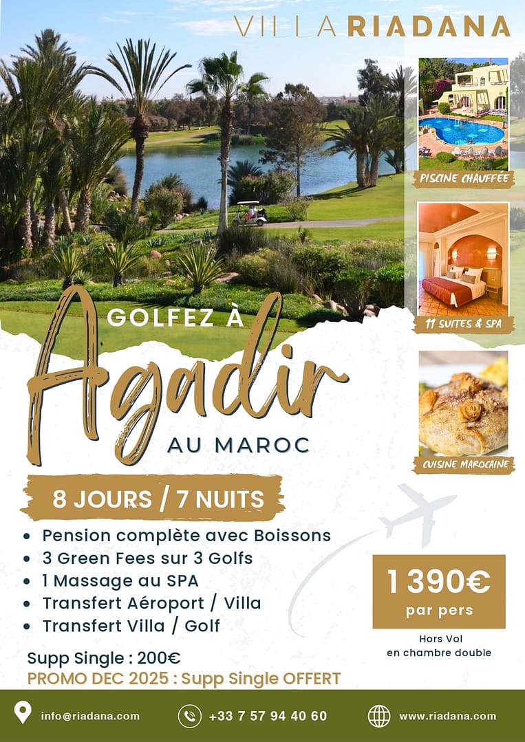 2025-2026 Offre séjour Golfique Agadir - 8jours 7nuits avec 3 GF_page riadana agadir
